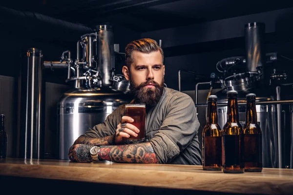 Maschio hipster tatuato con elegante barba e capelli che beve birra seduto al bancone del bar nella birreria indie . — Foto Stock