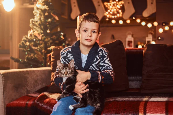 Glücklicher entzückender Junge hält seine Katze in den Händen, während er in der Weihnachtszeit auf einem Sofa im geschmückten Zimmer sitzt. — Stockfoto