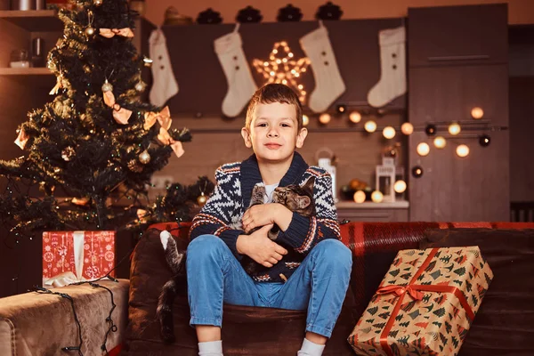 Очаровательный мальчик обнимает свою кошку в руках, сидя на диване в украшенной комнате на Рождество . — стоковое фото