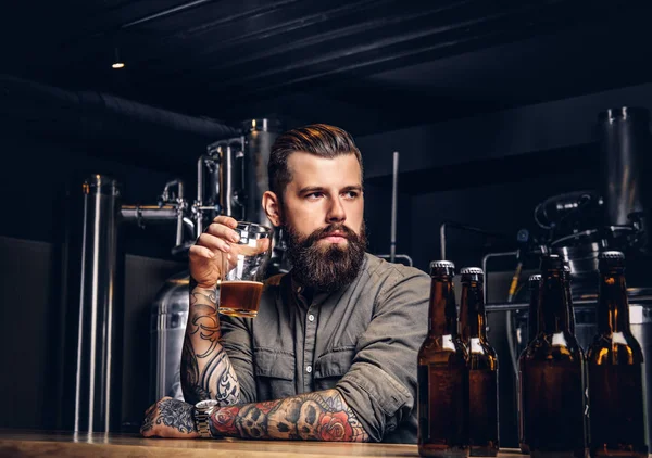 Татуированный хипстер мужского пола со стильной бородой и волосами, пьющий пиво сидя за барной стойкой в инди-пивоварне . — стоковое фото