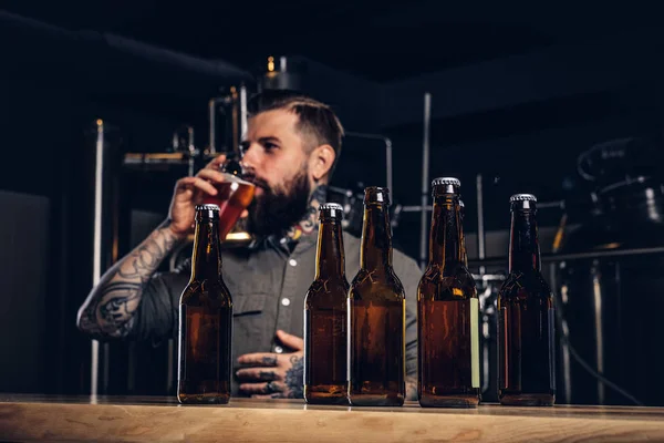 Foto con bottiglie di birra artigianale in primo piano e barbuto bere maschile sullo sfondo . — Foto Stock