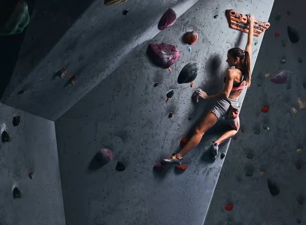 Professionelle Bergsteigerin hängt an der Boulderwand, übt Klettern drinnen. — Stockfoto