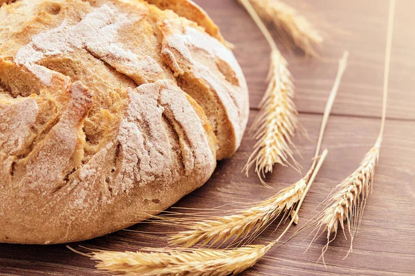 Pão fresco assado e espiguetas de trigo . — Fotografia de Stock