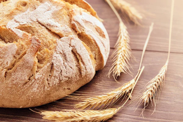 Freshly baked bread and spikelets of wheat. — Stock Photo, Image