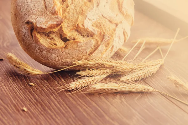 Pão fresco assado e espiguetas de trigo . — Fotografia de Stock