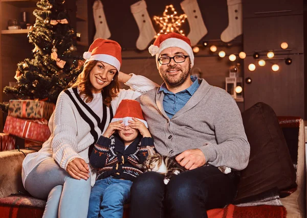 Очаровательная семья в шляпах со своей кошкой, сидящей вместе на диване в украшенной комнате во время Рождества . — стоковое фото