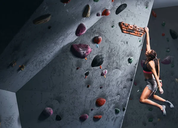 Young woman in shorts and sports bra exercising on a bouldering wall indoors. — Stock Photo, Image