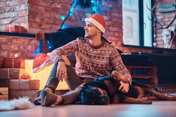 圣诞节期间, 时尚的男人在装饰好的客厅里和他可爱的狗玩. — 图库照片