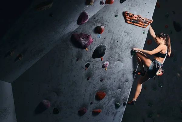 Mujer joven en pantalones cortos y sujetador deportivo haciendo ejercicio en una pared de bouldering en el interior . — Foto de Stock