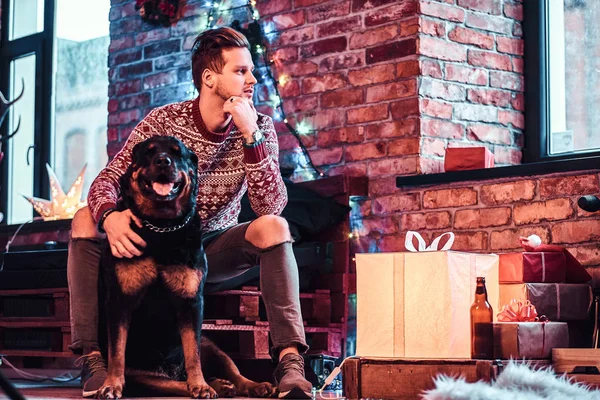 Young man sitting with his purebred rottweiler in a decorated living room at christmas time. — Stock Photo, Image