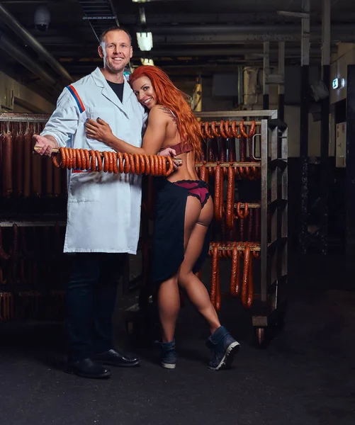 Cheerful Butcher Uniform His Sexy Girl Assistant Wearing Underwear Apron — Stock Photo, Image