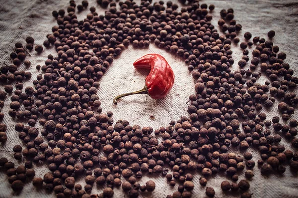 Foto de cerca de pimiento rojo picante rodeado de pimienta negra en tela de lino. Concepto picante . —  Fotos de Stock