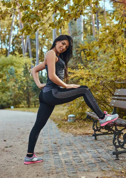 健身女孩在秋季公园户外跑步前, 靠在长凳上做伸展运动, 面带微笑, 看着相机 — 图库照片