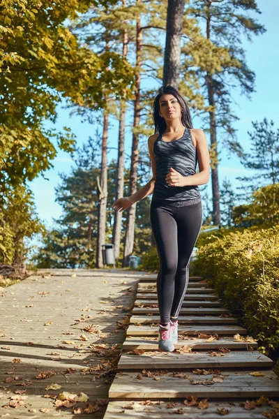 Giovane donna in forma che indossa abbigliamento sportivo correndo sui gradini di legno del parco autunnale — Foto Stock