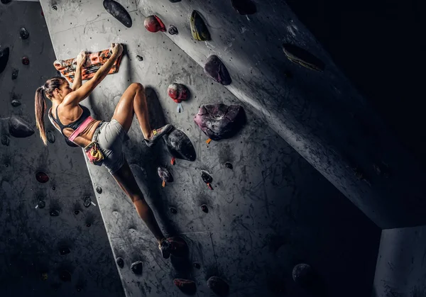 Ung kvinna som bär sportkläder öva bergsklättring på en vägg inomhus — Stockfoto