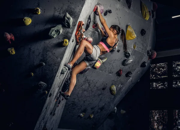 Mujer joven usando ropa deportiva practicando escalada en roca en una pared interior — Foto de Stock