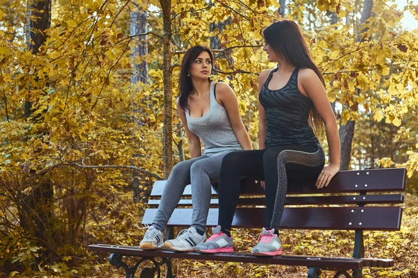 Dos hermosas chicas usando ropa deportiva hablando mientras están sentadas en un banco en el parque de otoño —  Fotos de Stock