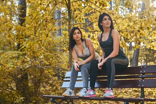 Due belle ragazze che indossano abbigliamento sportivo sedute su una panchina nel parco autunnale — Foto Stock