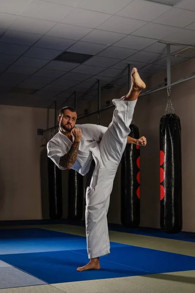 Combattant de karaté pratiquant les arts martiaux dans un club de combat — Photo