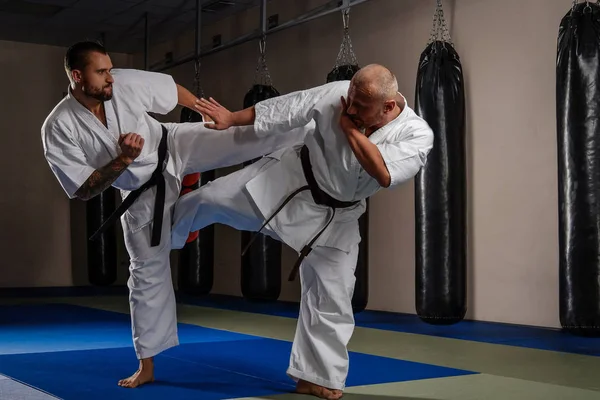 Dos luchadores de karate en kimono mostrando habilidad técnica en un club de lucha —  Fotos de Stock