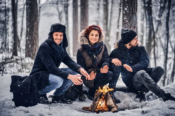 Um grupo de amigos felizes encenou um acampamento no meio de uma floresta nevada — Fotografia de Stock