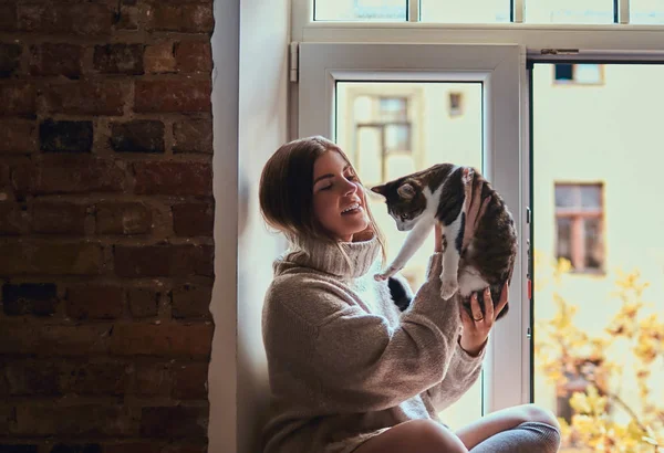 Girl in a warm sweater playing with her cat sitting on the window sill next to the open window — Stock Photo, Image