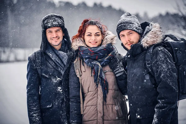 Egy baráti társaság, utazó-hó erdő. — Stock Fotó