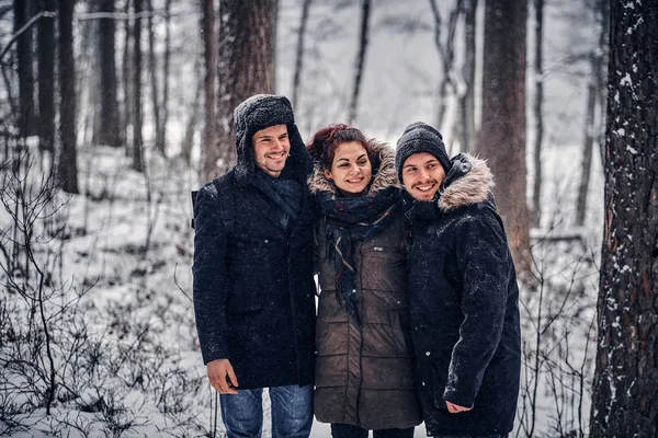 Eine Gruppe von Freunden steht nebeneinander und blickt inmitten eines verschneiten Waldes in die Kamera — Stockfoto