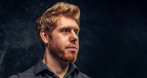 Portrait of a handsome redhead man with stylish hair and beard in studio against a dark textured wall — Stock Photo, Image