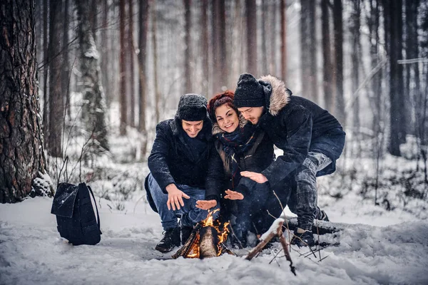 En grupp glada vänner iscensatte en camping mitt i en snöig skog — Stockfoto