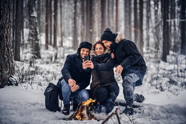 Gruppen av glada vänner resenärer gör Sefley sitter vid lägerelden mitt i en snöig skog — Stockfoto