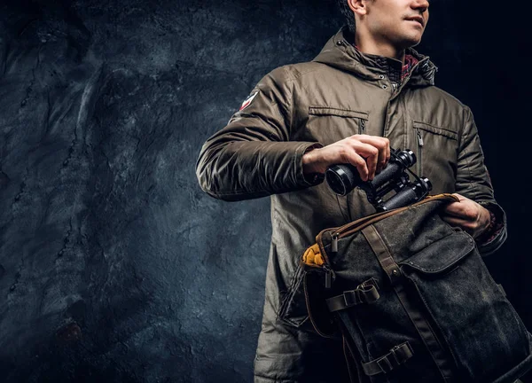 Manly Researcher Holds Binoculars Backpack Black Background — Stock Photo, Image