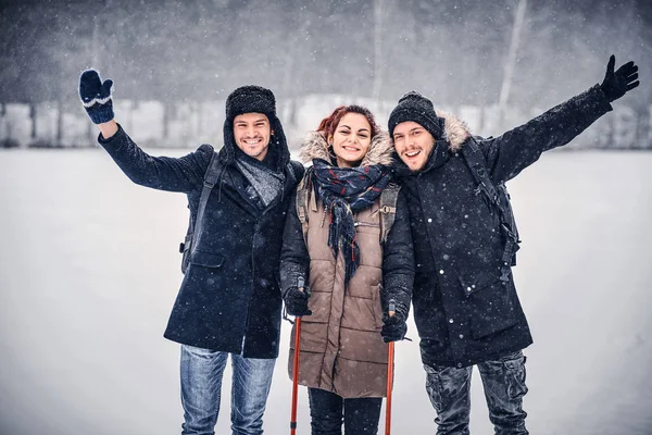 Eine Gruppe von Freunden steht nebeneinander und blickt inmitten eines verschneiten Waldes in die Kamera — Stockfoto