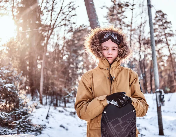 Молодий сноубордист, одягнений у теплий одяг, спирається на сноуборд, що стоїть у сніжному лісі під час заходу сонця — стокове фото