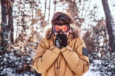 Sıcak giysiler ve gözlük, giymiş genç snowboard ısıtan ellerini karlı ormanda ayakta