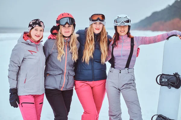 Mulheres alegres amigos em esportes roupas de inverno com snowboard, posando — Fotografia de Stock