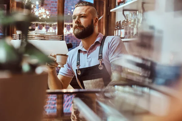 Barista en delantal tomando café durante la pausa para el almuerzo de pie detrás del mostrador en la cafetería — Foto de Stock