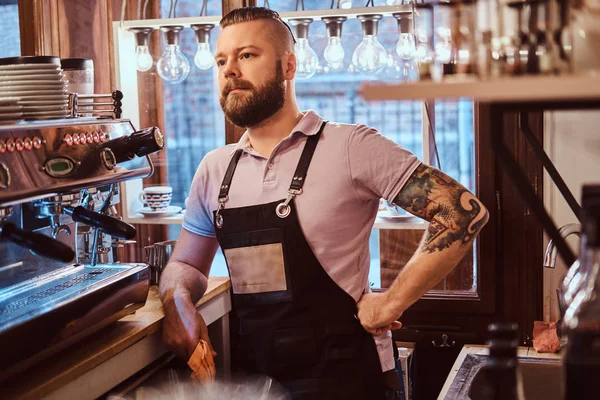 Barista guapo con barba elegante y peinado con delantal posando para una cámara mientras se apoya en un mostrador en el café o restaurante —  Fotos de Stock