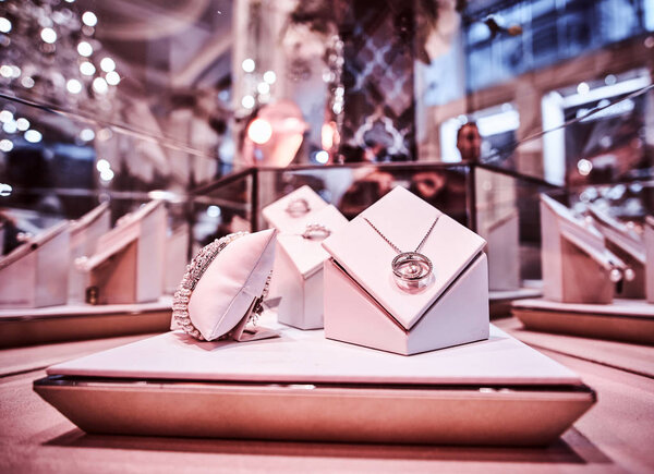 Showcase with exclusive jewelry in a luxury shop