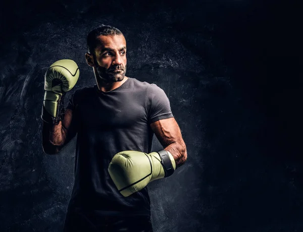 Portrait of a brutal professional fighter in a black shirt and gloves. Studio photo against a dark textured wall