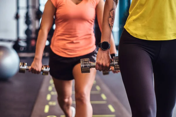 Deux filles de remise en forme en vêtements de sport font des fentes avec des haltères dans la salle de gym moderne . — Photo