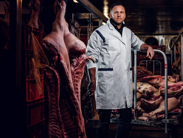 Açougueiro com uma camisa branca segurando machado enquanto estava em um armazém refrigerado no meio de carcaças de carne — Fotografia de Stock