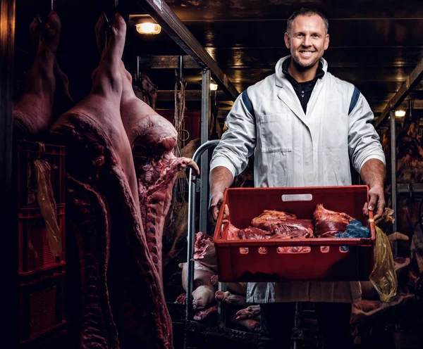 Χαρούμενος κρεοπώλης σε ρούχα κρατώντας ένα κουτί με τεμάχια κρέατος στη μέση τα σφάγια κρέατος — Φωτογραφία Αρχείου