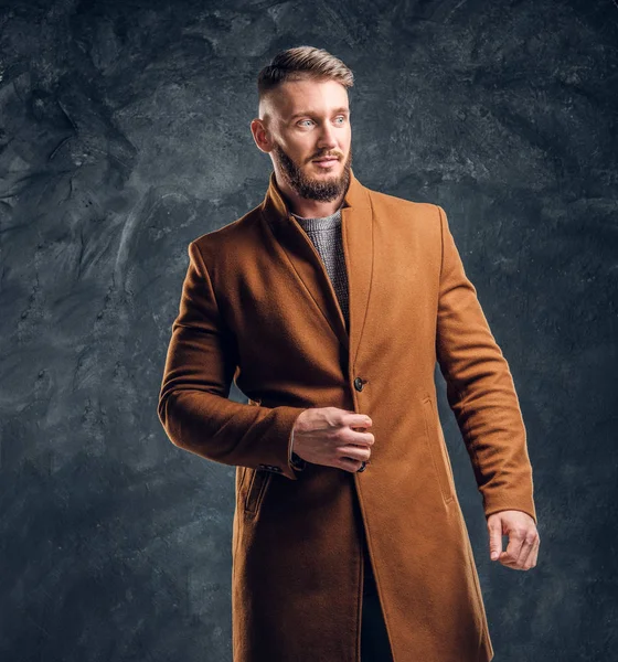 Portrét stylový muž nosí celosezónní plášť. Pánské krása, sezónní módy. Studiové fotografie pozadí tmavé stěny — Stock fotografie