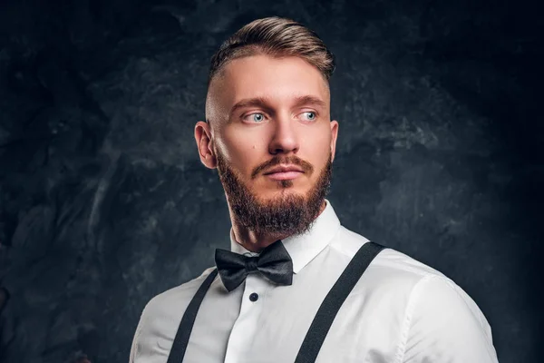 Closeup portrait of a man with stylish beard and hair in shirt with bow tie and suspenders. Studio photo against dark wall background — Stock Photo, Image