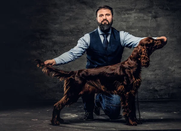 Caçador de meia-idade vestido com roupas elegantes senta-se em seu joelho e mostra o comprimento total de seu Setter marrom puro . — Fotografia de Stock