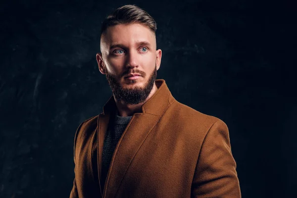 Retrato de un hombre elegante con el abrigo de la temporada baja. Belleza para hombre, moda de temporada. Foto del estudio contra un fondo de pared oscuro — Foto de Stock