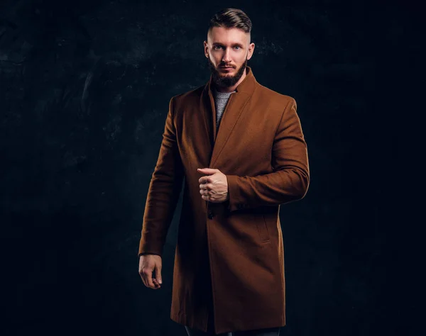 Portret stylowy mężczyzna sobie płaszcz jesienno. Męskie piękno, sezonowe mody. Studio fotografii na tle ciemnej ściany — Zdjęcie stockowe