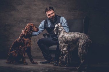 Onun iki safkan Setter köpek ile bir kanepede oturan zarif kıyafetlerle sakallı avcı.