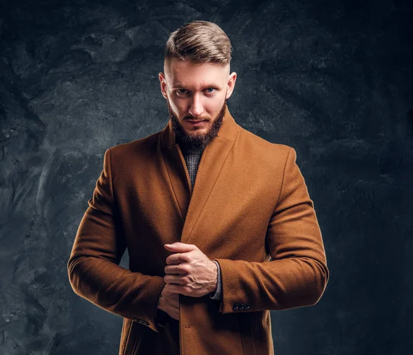 Portret stylowy mężczyzna sobie płaszcz jesienno. Męskie piękno, sezonowe mody. Studio fotografii na tle ciemnej ściany — Zdjęcie stockowe